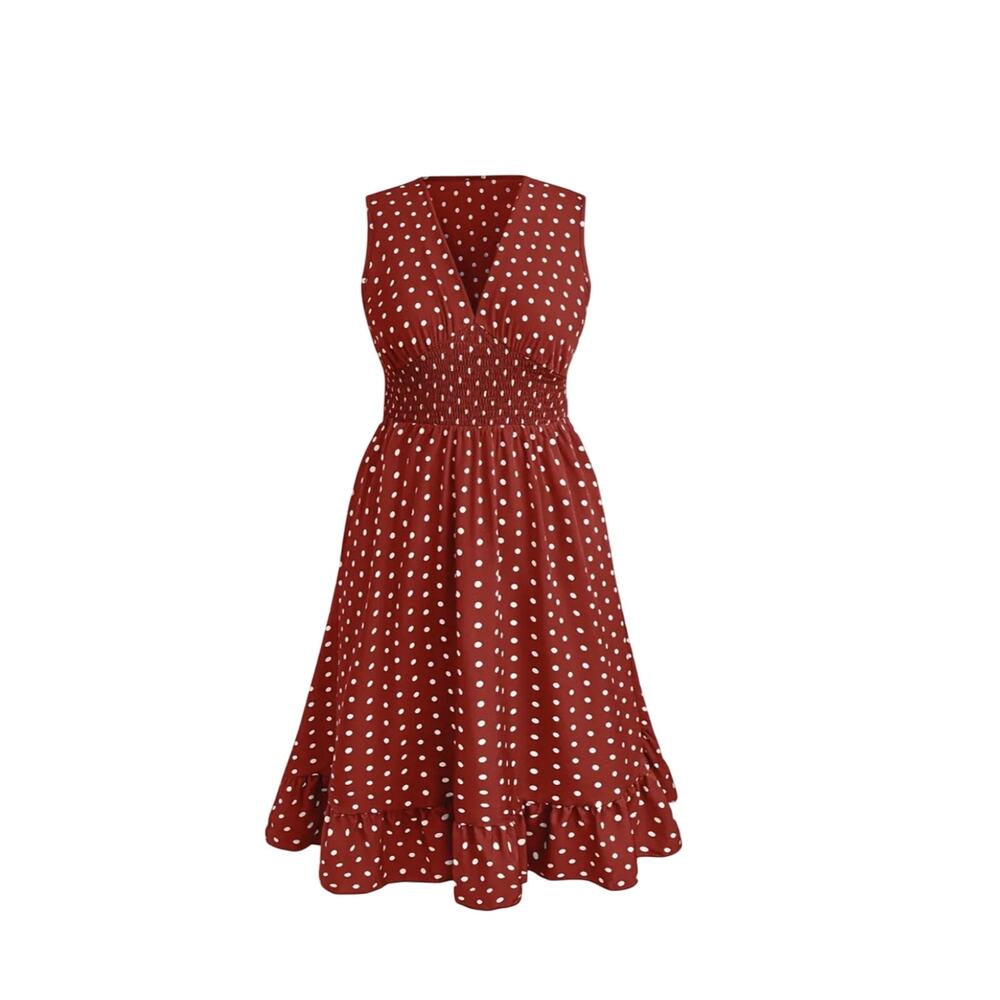 Sleeveless Red Polka Dot Smocked Waist Dress - Picture 9 of 10